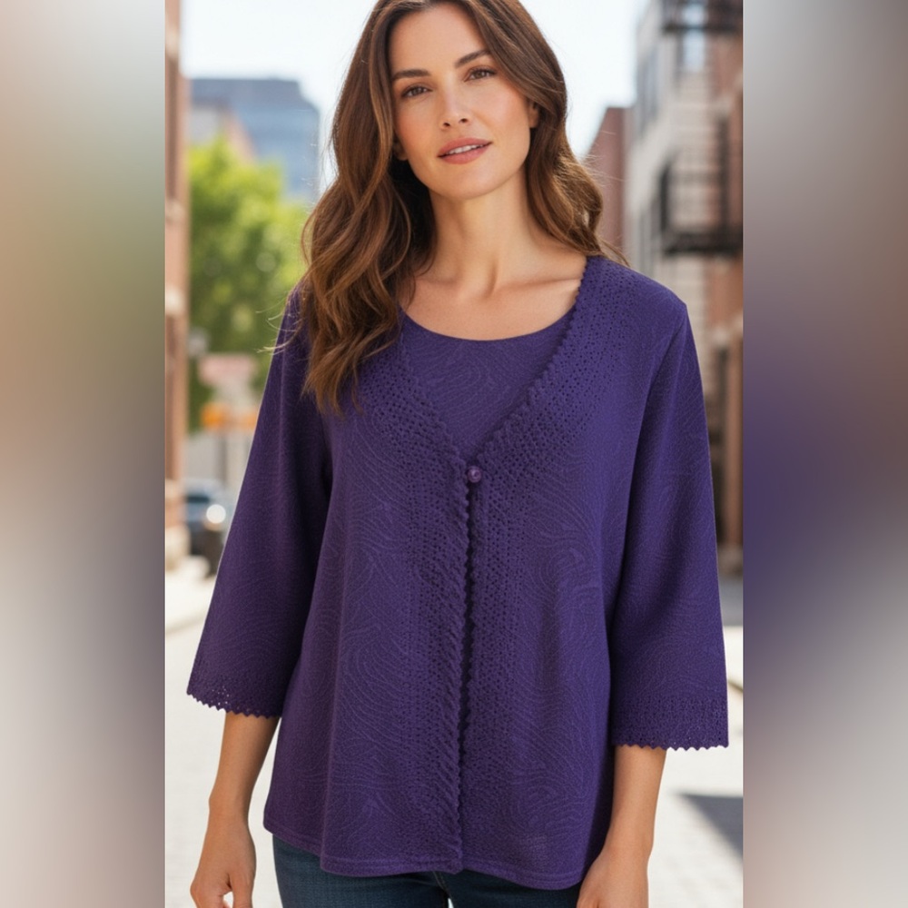 NWT, Rebecca Malone,  Sparkly Purple Cardigan with Built‎ in Matching Tank. XL